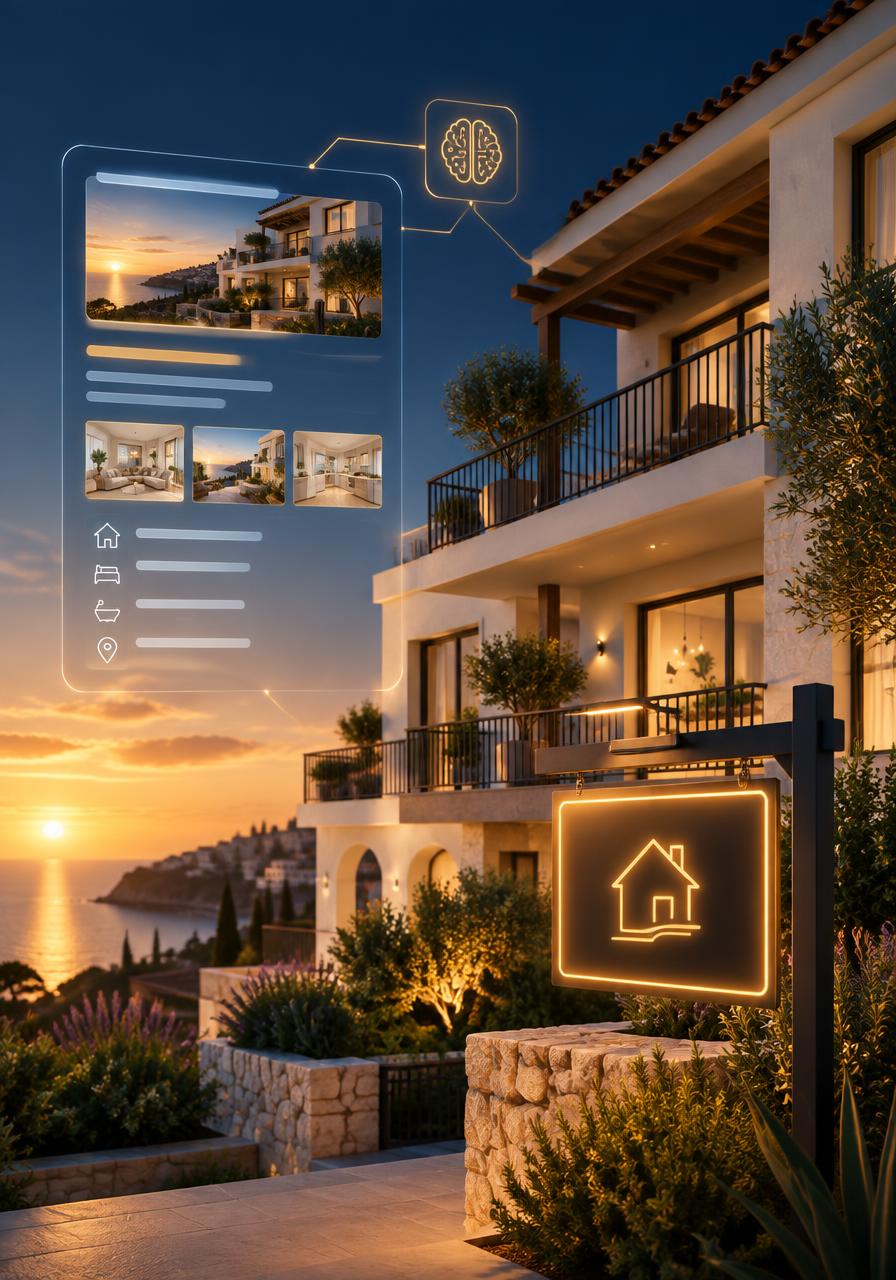 AI Property Listing Launch Kit cover showing a Mediterranean property with a glowing for-sale sign