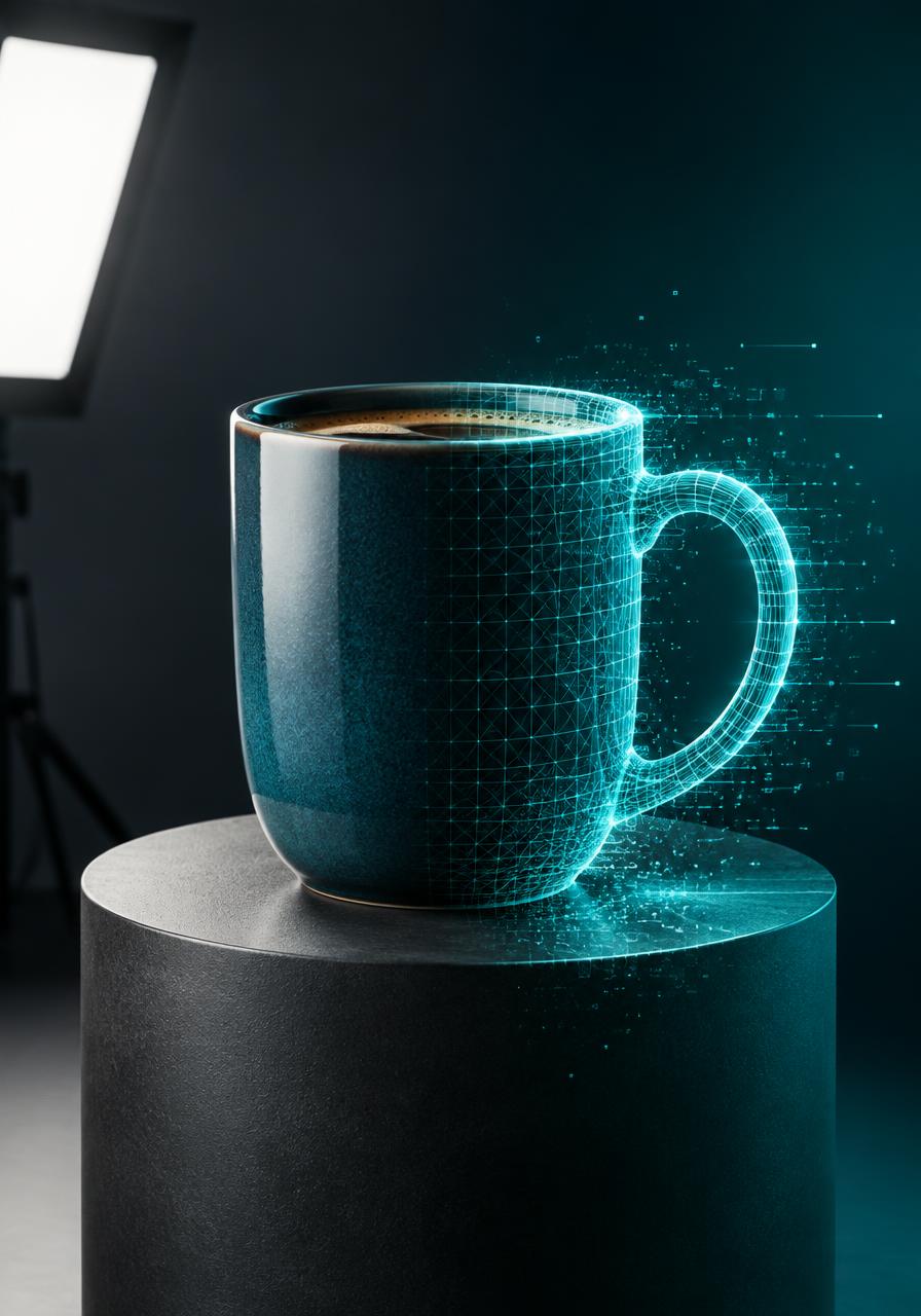 AI Product Photography Kit cover showing a studio mug turning into a digital wireframe