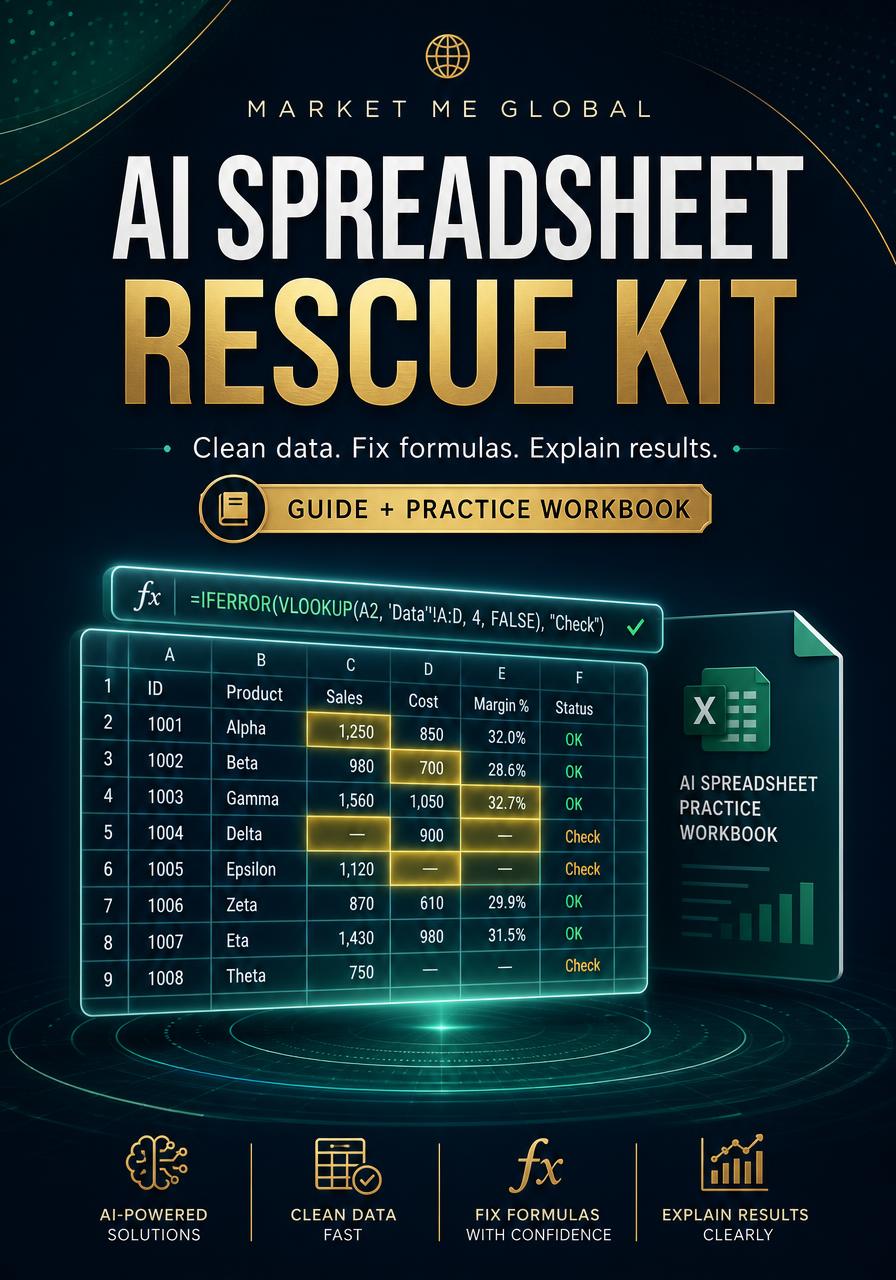 AI Spreadsheet Rescue Kit, a 40-page fillable PDF with a companion practice workbook