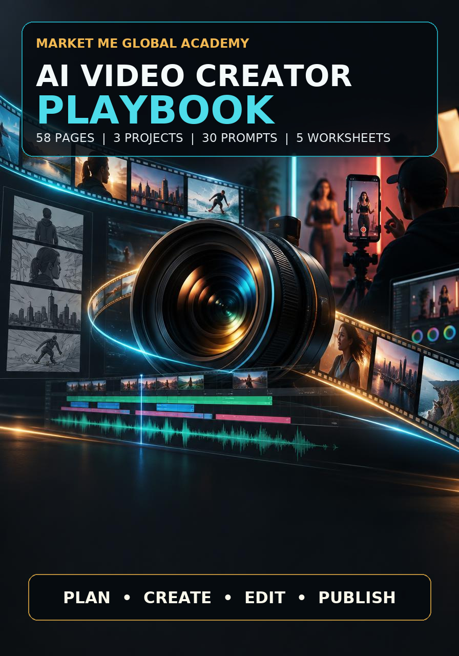 AI Video Creator Playbook, a 58-page fillable PDF for planning and producing short videos